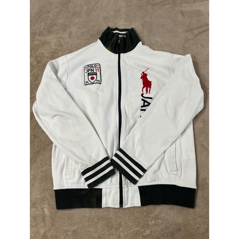 Vintage Polo Ralph Lauren Team Japan Track Jacket Mens L White Big Pony L/S fade